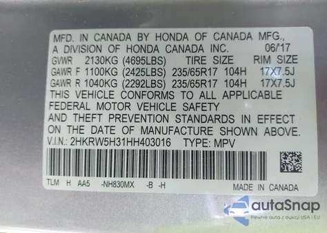 2017 Honda Cr-V Lx from USA, damaged, VIN 2HKRW5H31HH403016